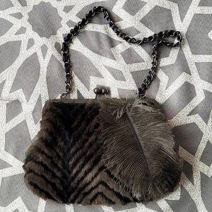 NWOT Chico's Faux Fur And Feather Metal Chain Fluffy Clutch